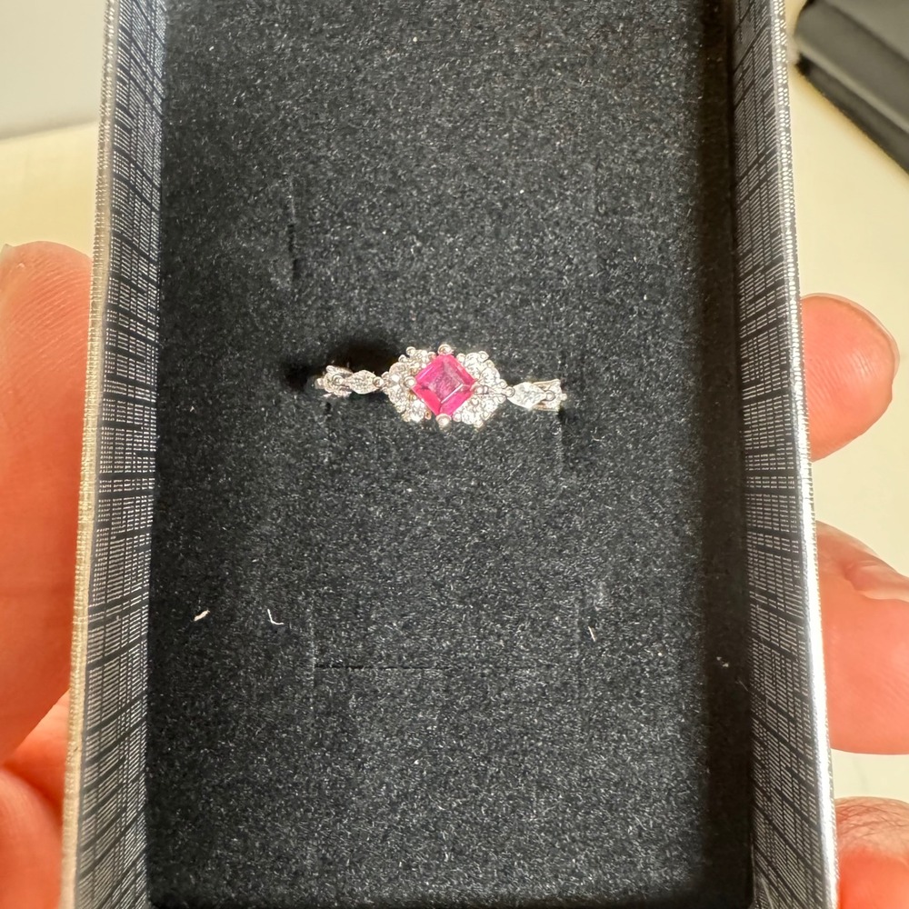 Moissanite Ruby Princess Cut Halo Ring Adjustable Size Sterling Silver Deep Red
